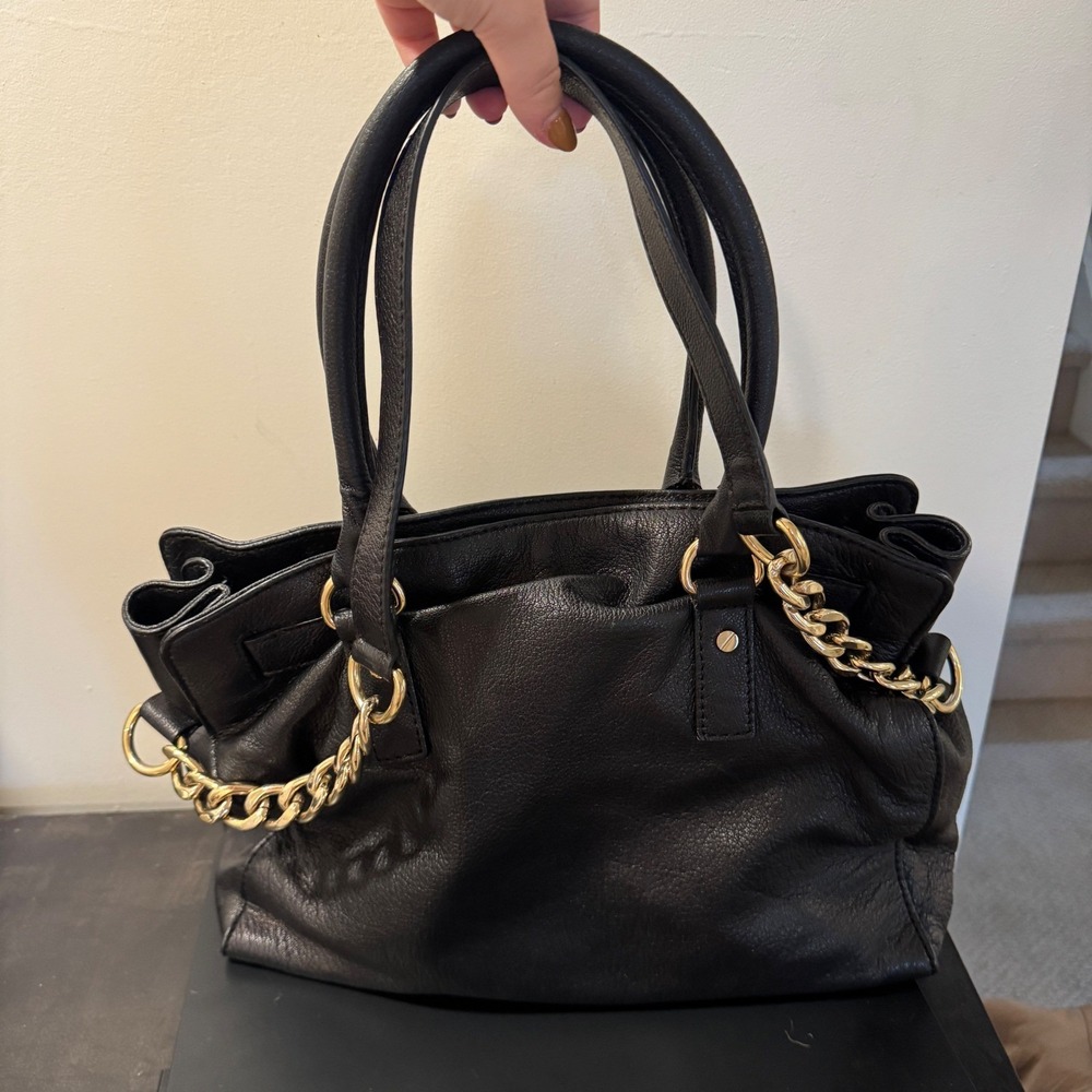 Michael Kors‎ Black Leather Satchel Shoulder Bag Gold Hardware Lock Charm - Picture 4 of 11